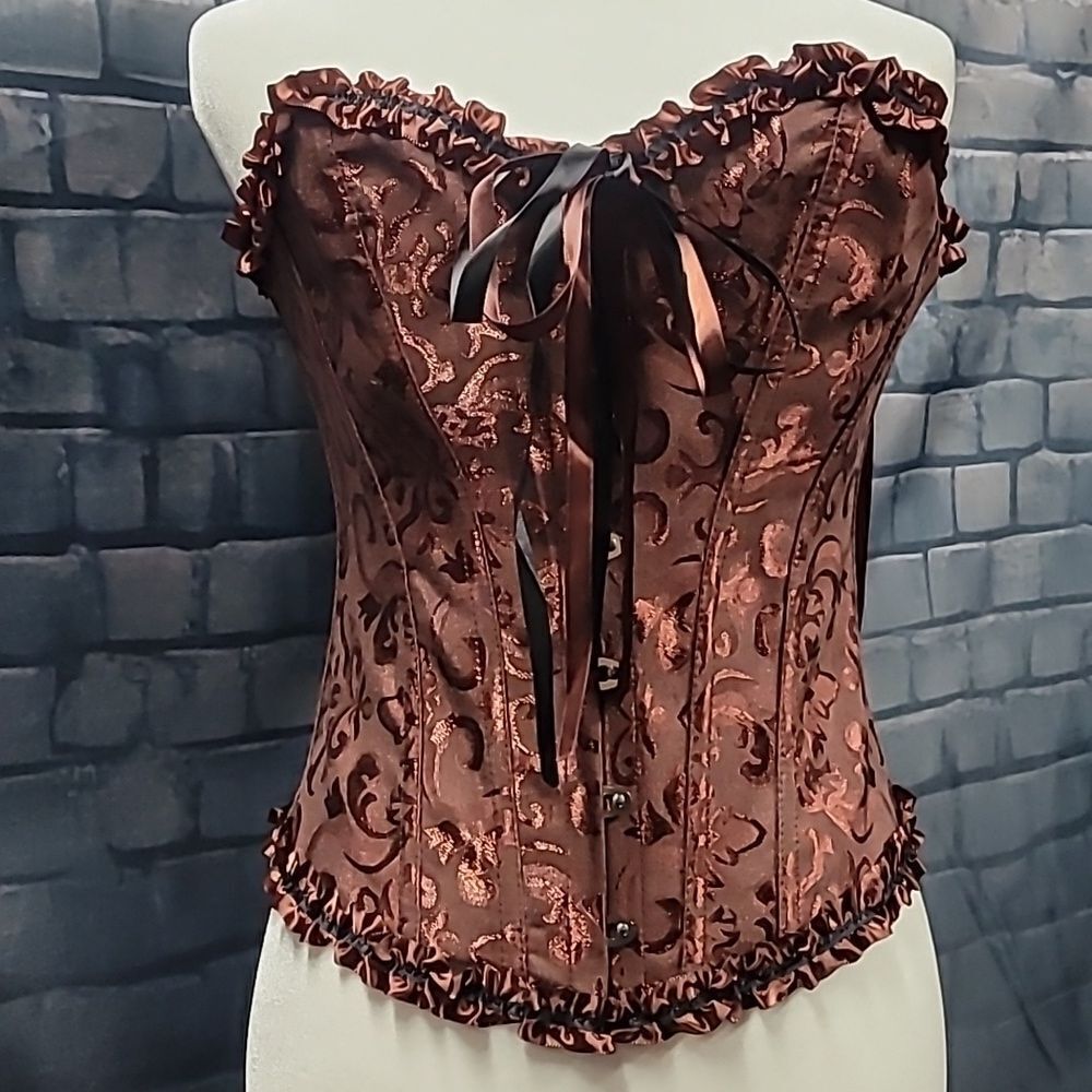 Adjustable Copperish Brown Ruffled Edges Tie Back Corset Size Small